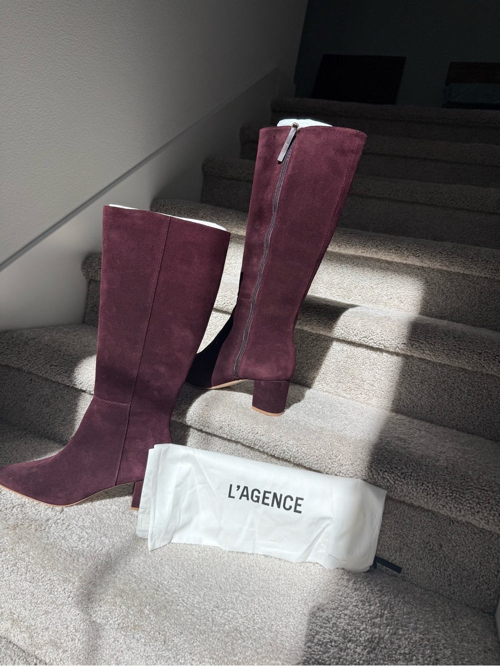 L'AGENCE Eugenie Burgundy Suede Knee-High Block Heel Boots Size 9.5